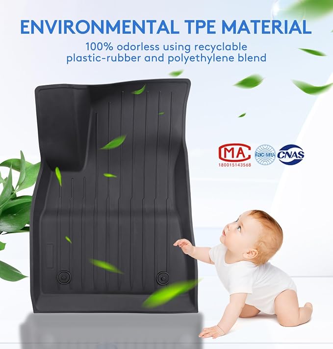 2025 New Version Floor Mats for Tesla Model 3 Highland - Custom Fit All Weather TPE Front & Rear Row Mats, 3-Piece