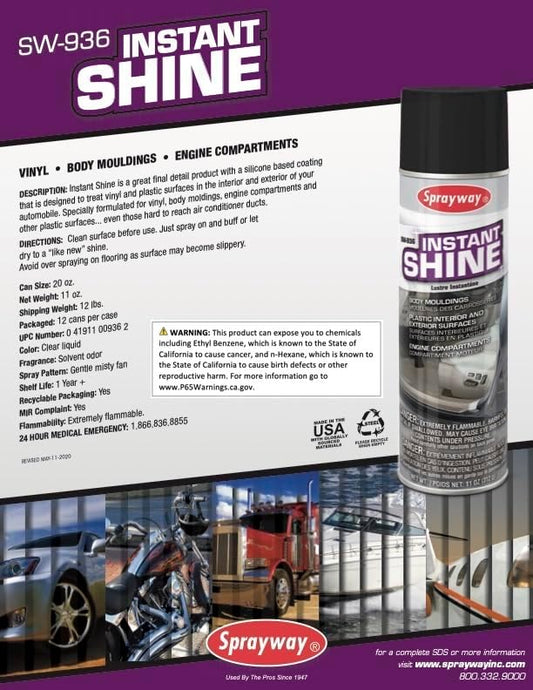 Sprayway SW936 Aerosol Instant Shine Vinyl Cleaner and Protectant, 11 oz.
