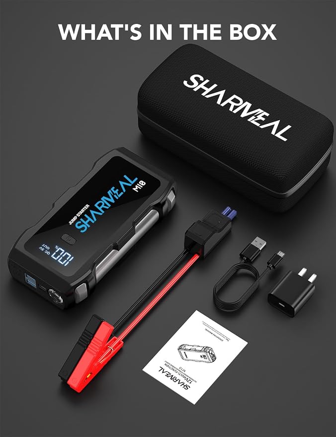 Sharmeal Jump Starter 6000A, 12V Car Battery Jump Starter with USB Quick Charge (Up to All Gas or 10.0L Diesel Engine), Battery Booster with 3 Modes Flashlight and Jumper Cable