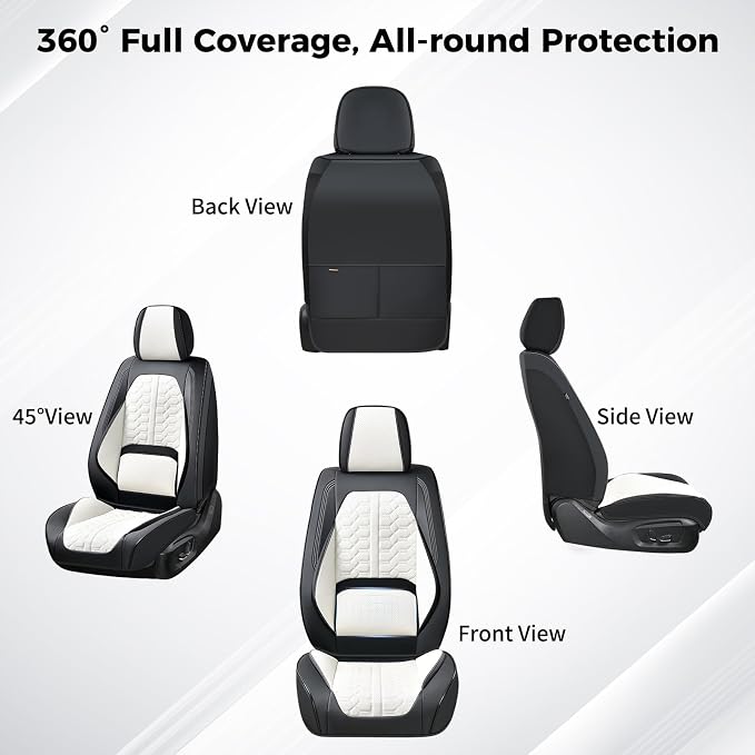 Huidasource Universal Fit Car Seat Covers Front Seat, 360° Full Wrap Luxury Nappa Leather Seat Cover Fit for Most Cars SUV Trucks, Waterproof Seat Covers with Lumbar Support, Black & White