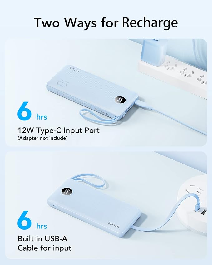 VRURC Portable Charger for iPhone, Built in Cables & Lanyard Power Bank 10000mAh, Compact USB C Charging Bank 5 Outputs for Multi Devices,Travel Essential for Hiking Camping Business Cruise Ship-Blue