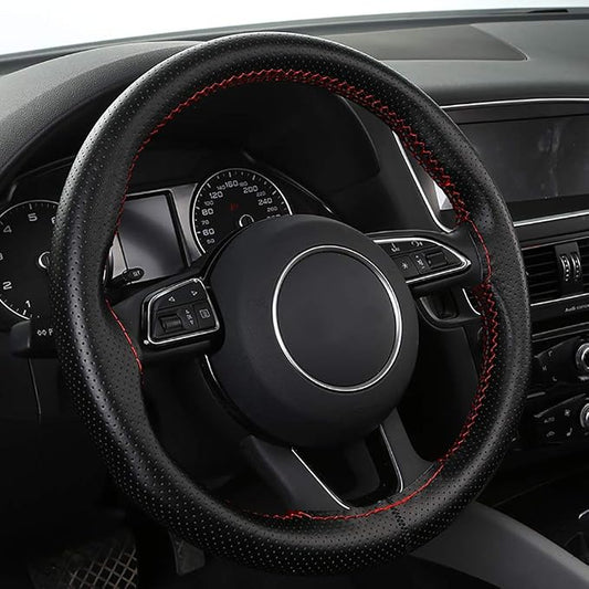 BMLEI Universal Car Steering Wheel Cover with Top Genuine Leather, Anti-Slip Design and Soft Padding, Stitching Style (Black Leather with red Thread)