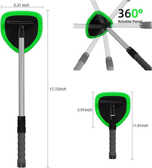 Windshield Cleaner Tool with Extendable Aluminum Handle (Up to 19.7"), Streak-Free Auto Glass Cleaning Kit with 4 Thick Microfiber Pads & Spray Bottle, Inside Window Defogger Accessories