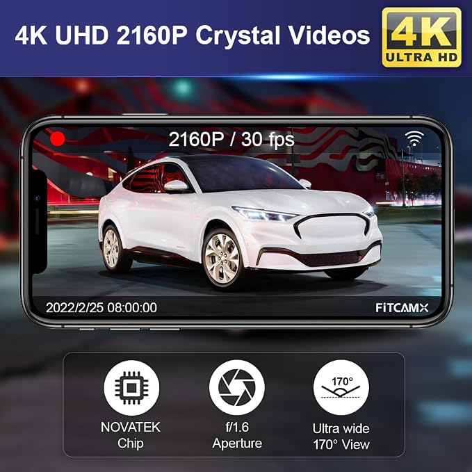 Fitcamx Front 2160P+Rear 1080P Dash Cam Adapts for Ford Mustang Mach-E 2021-2025 GT Select Premium, OEM Style, Dual Loop Recording, Built-in WiFi & APP, G-Sensor, Easy to Use, 128GB Card