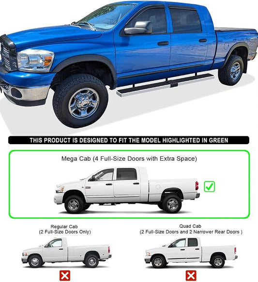 APS (304 Stainless Steel Polished Silver 6 inches) Running Boards Side Bars Side Steps Compatible with Dodge Ram 1500 2006-2008 Mega Cab & Ram 2500 3500 2006-2009(91in D2D Short Version)