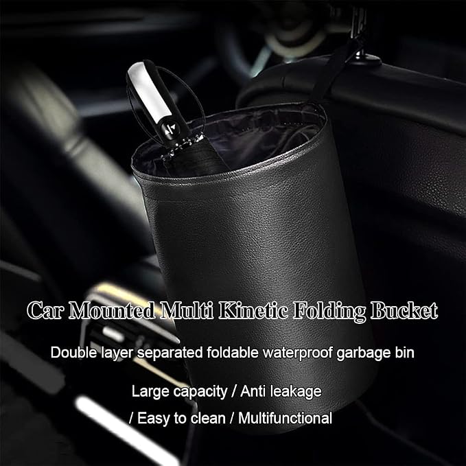 Collapsible PU Leather Car Trash Can, Waterproof Pop-Up Car Garbage Bin, Portable Multipurpose Auto Trash Container for Car Interior Accessories (Black)