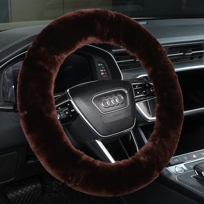 Andalus Brands Luxury Fluffy Car Steering Wheel Covers – Genuine Merino Sheepskin, Soft Fuzzy Car Steering Wheel Cover for Women, Universal 14.5-15" Size, Plush Fur Cute Auto Accessories, Mocha