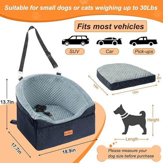 Vivifying Dog Car Seat for Small & Medium Dogs, Detachable & Washable Booster Seat for Pets Up to 30lbs, Travel Bed with Storage Pockets and Safety Belt โ Gray&Black