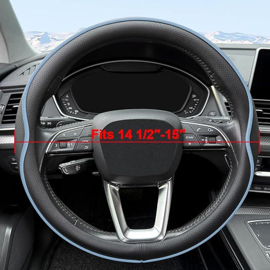 HAOTULE Leather Steering Wheel Cover, with Anti-Slip Stripe Design - Enhanced Grip, Fashion Style, Safe, Non-Slip, Breathable. Upgrade car Interior,Black Blue