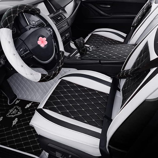 Car Seat Covers Front Seats, Super Luxurious Heavy Universal Duty Waterproof Leather Automotive Vehicle Cover for Cars SUV Pick-up Truck, Non-Slip Seat Black White Car Accessories (2 PCS Front/White)