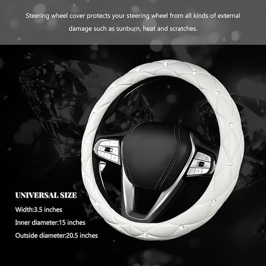 Bling Car Steering Wheel Cover, 15 Inch Diamond Leather Anti-Slip Auto Steering Wheel Protector, Cute Sparkly Rhinestones Wheels Cover Automotive Decoration for Women Girl (White)