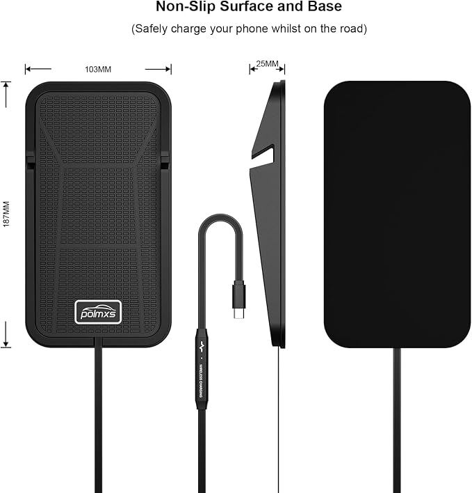 Wireless car Charger Charging pad,POLMXS No-Slip Wireless Phone Charger for car Cell Phone Cordless Charging mat Compatible with iPhone 16/15/14/13/12 Galaxy S23 S22 S21 Note10(C17)