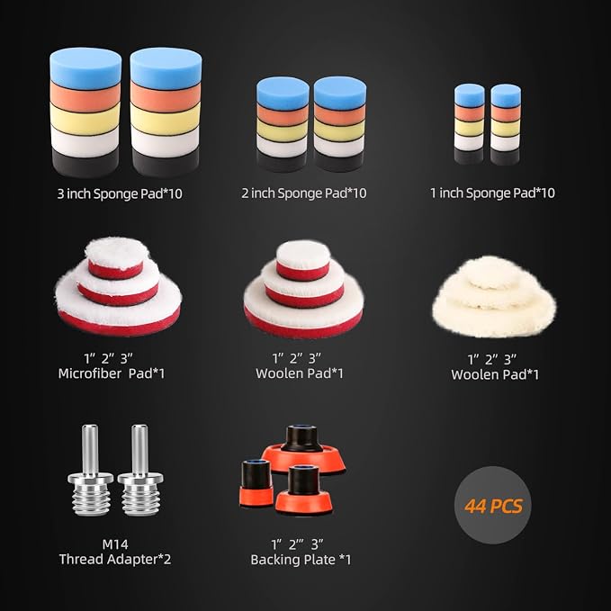 Car Foam Drill Polishing Pad Kit, 44Pcs 1inch 2inch 3inch Detail Polishing Buffing Pad Mix Size Car Detailing Kit with 5/8-11 Thread Backing pad & Adapters for Buffer Polisher Polishing, Buffing