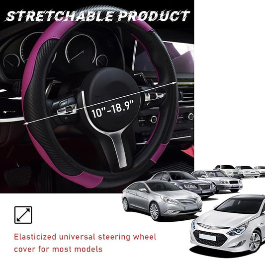 povtii Car Steering Wheel Cover, 15 Inch Leather Breathable Auto Steering Wheel Protector, Comfortable Non-Slip Vehicle Steering Wheel Covers, Universal Interior Car Accessories (Black+Purple)