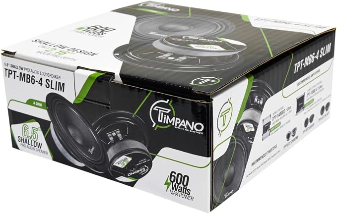 Timpano 6.5 Inch Shallow Car Speaker 600 Watts TPT-MB6-4 Slim Shallow Profile 4 Ohm, PRO Midbass Car Audio Loudspeaker Compact for Doors (Single)