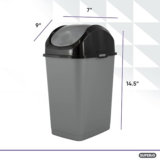 Superio Small 2.5 Gallon Plastic Trash Can with Swing Top Lid, Compact Slim Waste Bin for Under Desk, Office, Bedroom, Bathroom, Dorm Room, 10 Qt. Portable Garbage Can (Grey/Black)