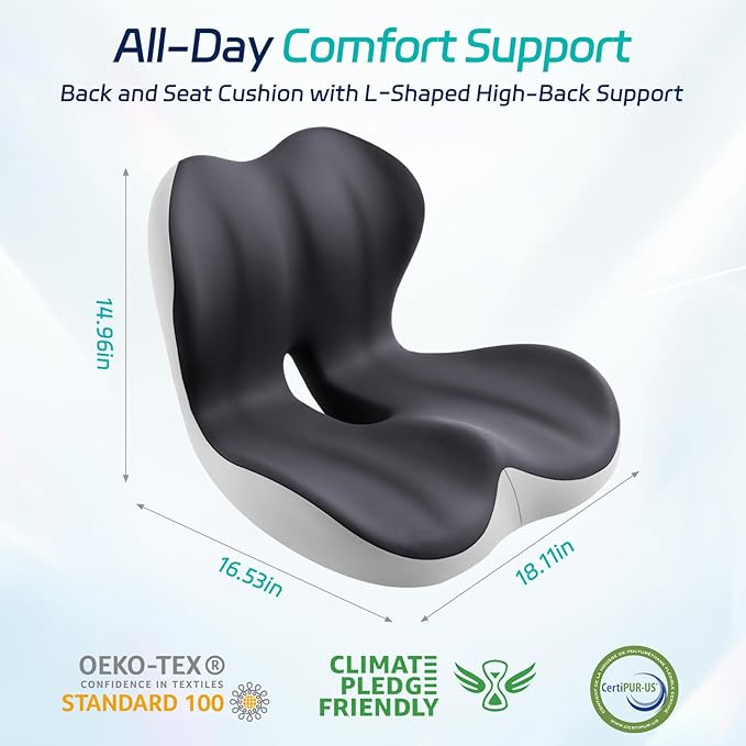 Back and Seat Cushion for Office, Back & Tailbone Pain Relief, Raised Cushion for Lumbar and Butt, Double-Sided Anti-Slip, Improves Sitting Posture, Ergonomic Memory Foam Lumbar Cushion