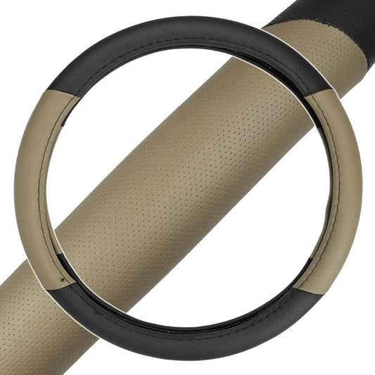 BDK Two Tone Perforated PU Leather Steering Wheel Cover for Car Van SUV Truck, 14.5 to 15 inch, Standard, Beige