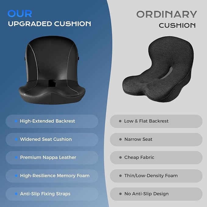 Coverado Car Seat Cushion and Lumbar Support Pillow One Piece, Napa Leather Memory Foam Ergonomic Back Support Driving Seat Cushion for Back Pain, Non-Slip Washable Cushion for Car, Driver, Office