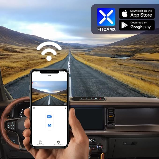 Fitcamx Front 2K+Rear 1080P Dash Cam for 2021-2024 Ford Bronco & Rapor (Not for Bronco Sport) HD2-14873, OEM Style, Dual HD Video, WiFi & APP, Loop Recording, G-Sensor, Easy to Set, 64GB Card