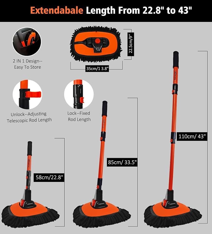 YeewayVeh Car Wash Brush, 43" Extendable Car Wash Brush Mop with Long Handle, 15 Degree Curved Soft Car Washing Brushes with Extra Microfiber Brush Head for Truck SUV Cleaning, Orange