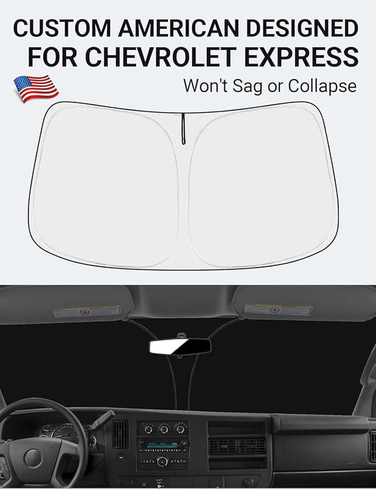Proadsy Windshield Sun Shade Custom Fit 1996-2025 2026 Chevrolet Express Cargo Van, 1500, 3500, 4500 4-Layer Foldable Front Sunshade Protector Sun Visor Blocker Keep Car Cooler Accessories