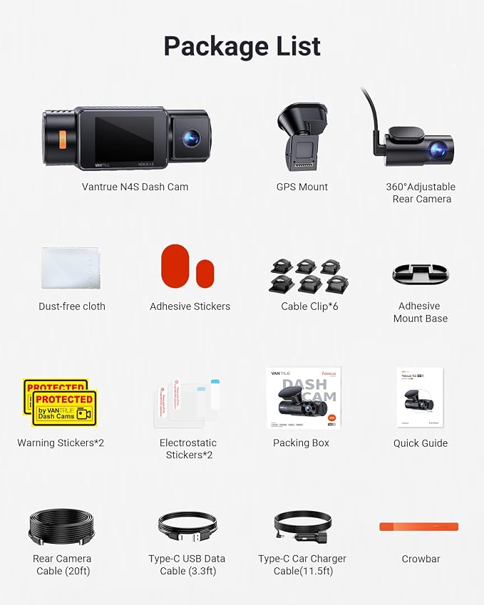 Vantrue New N4S 3 Channel Dash Cam, STARVIS 2 Night Vision, Front Rear Inside Dashcam for Cars, Front and Rear Dual Channel, PlatePix™ Tech, Parking Mode, Wi-Fi, GPS, 2" IPS, Support 1TB (RC18)