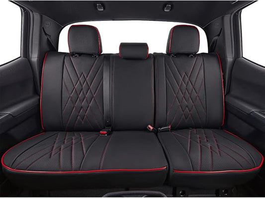 EKR Custom Fit Tacoma Rear Car Seat Covers for Toyota Tacoma (Petrol) 2024 2025 2026 Double cab SR/SR5/TRD Sport/TRD Off-Road/Limited - Second Row Only,Faux Leather(Black with Red Trim)