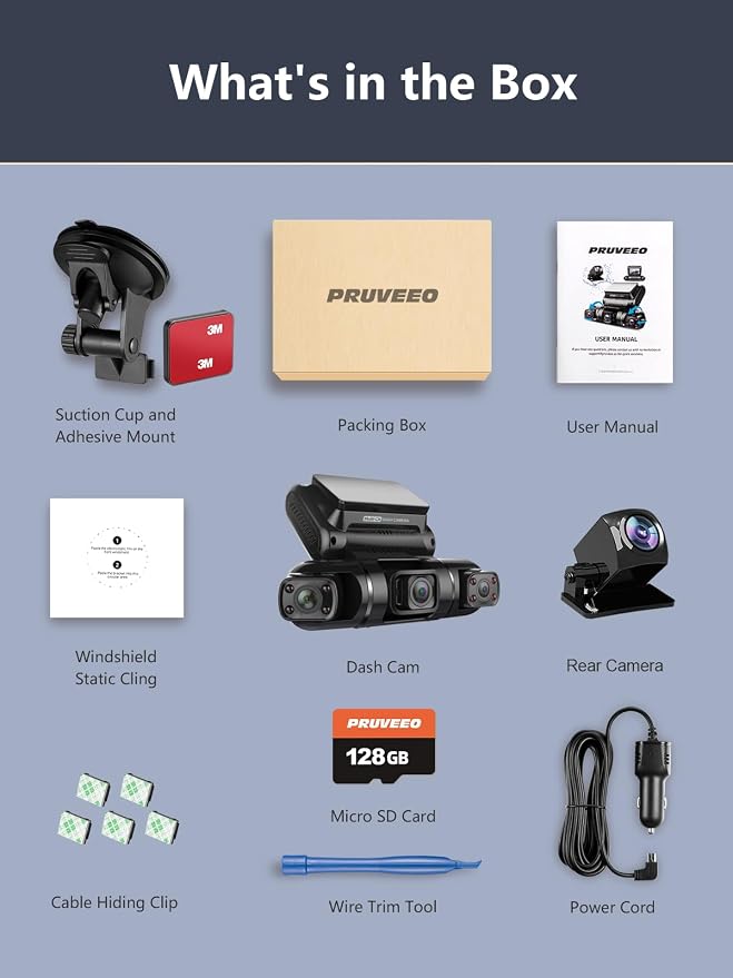 PRUVEEO 360° 4 Channel Dash Cam Front and Rear Inside Left Right, Dash Camera for Cars, Built-in GPS WiFi Night Vision, 24/7 Recording Parking Mode Monitor, 128G Card Included