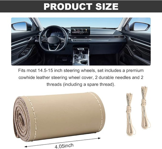 Wevdn Genuine Leather Steering Wheel Cover, Stitch on Wrap, DIY Sewing Steering Wheel Protector, 15 Inch Breathable Non-Slip Steering Wheel Protector, Car Accessories (Beige, Glossy)