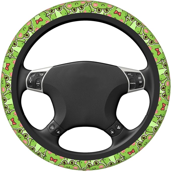 Cute Green Frog Steering Wheel Cover for Women,Universal Auto Steering Wheel 14-15 Inch Car Interior Accessories with 2PCS Car Coasters,Suitable for Men and Women