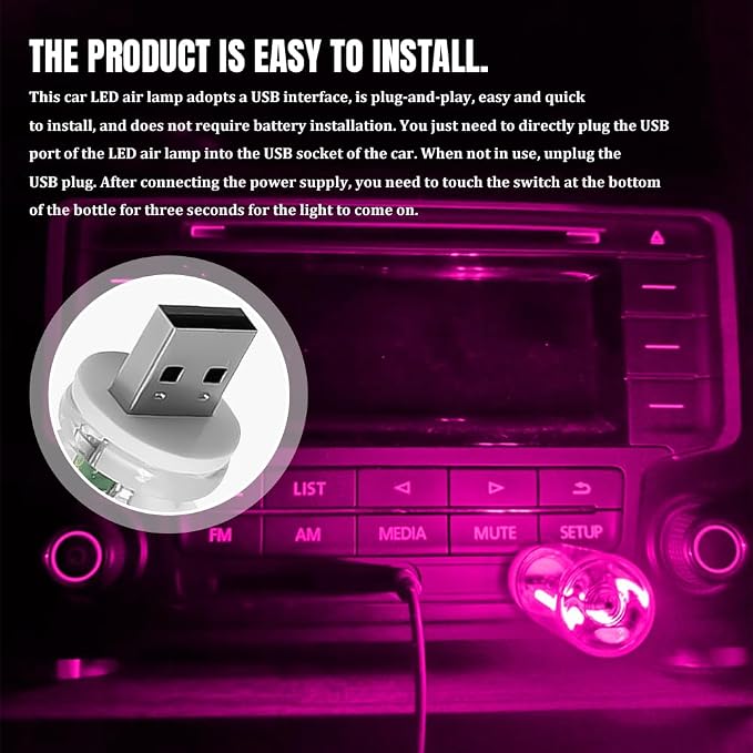 USB LED Car Interior Atmosphere Light, Car USB Night Light, Plug-in Auto Ambient Lighting Retro Lamps, Touch Adjustment LED Automotive Night Lamp Auto Accessories for bedrooms Camping (Pink)