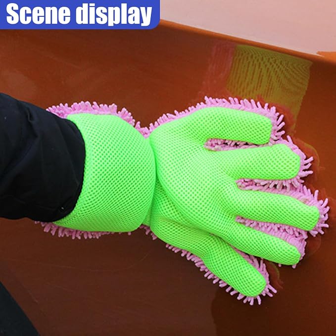 2PCS Car Wash Mitts, Double Sided Chenille Microfiber Dusting Gloves with 5-Finger Design, Anti-Scratch Auto Interior Exterior Detailing Mitt for Cleaning Wheel Tight Spot (Purple)