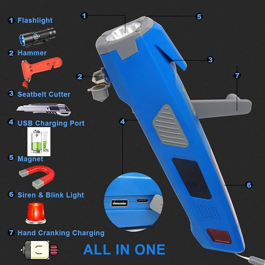 LUXON Car Emergency Escape Tool,Car Safety Tool:USB Charger,SOS Light,Hand Cranking Charge,Magnetic,Siren Alarm,Pack of 2 (Blue)