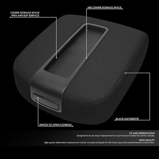 Auto Dynasty Black Leather Center Console Lid Armrest Cover Compatible with 2007-2014 Chevy Avalanche Silverado Tahoe Yukon XL Sierra