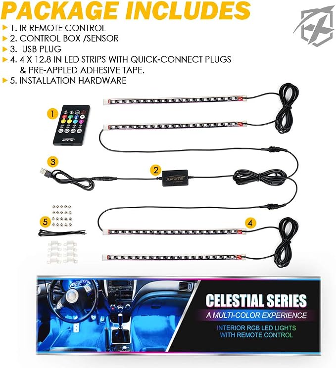 Xprite RGB LED Car Interior Bluetooth USB Light Strip, w/Wireless Remote and APP Control,4 PCS Under Dash Footwell Ambient Lights Kits, DIY Music Mode Universal for Vehicle Internal, SUV, Trucks