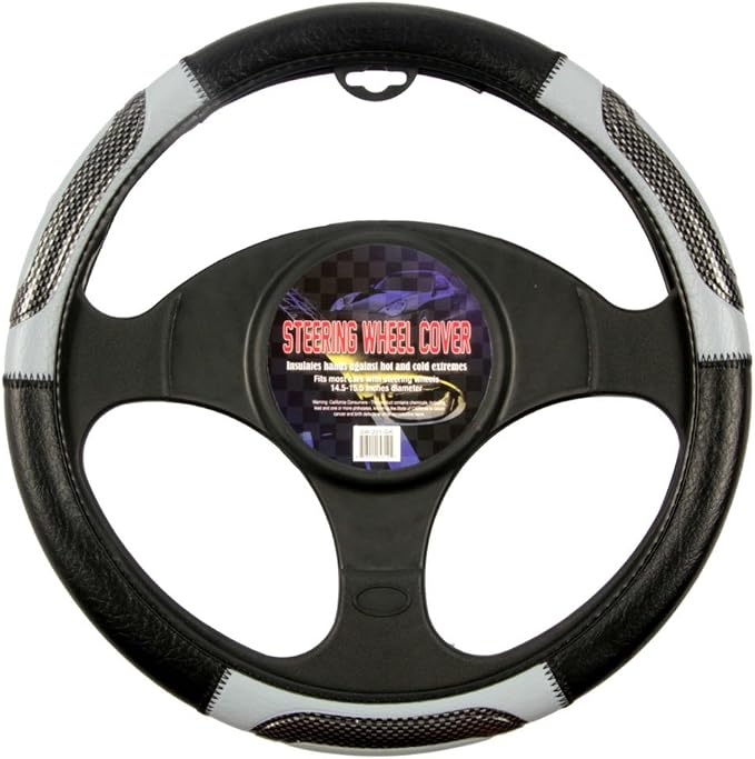BDK Sporty Two Tone Ergonomic Grip Steering Wheel Cover - Carbon Fiber Grip for Standard Size Wheels 14.5-15 inch Gray/Black