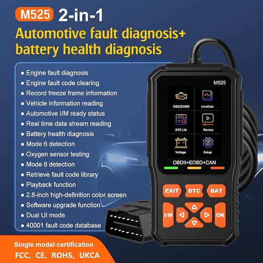 M525 OBD2 Scanner,New Upgrade OE-Level Code Reader with Battery Test, Start Test, Live Data, CAN Diagnostic Tool for Car Engine Fault Code Scan, Dual-UI for Pro Mechanics & DIYers