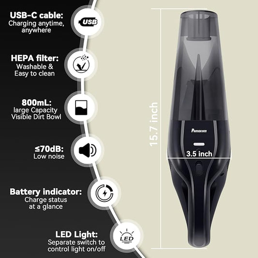 pemacom Portable Handheld Vacuum Cordless โ 10,000Pa Suction Power, Lightweight 1.8 lbs, Washable HEPA Filter, LED Light, Quiet, 800ml Dustbin, Perfect for Home