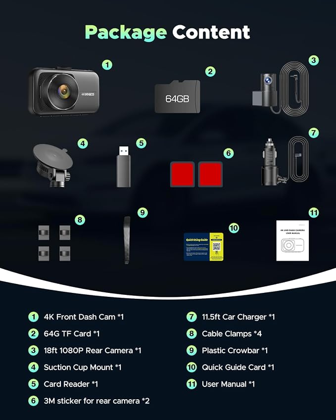 4K Dash Cam Front and Rear with 64GB Card, 5G WiFi & App Control | Full HD 3.0" IPS Screen Dash Camera for Cars with Night Vision, WDR, G-Sensor, Loop Recording & Parking Mode for Drivers