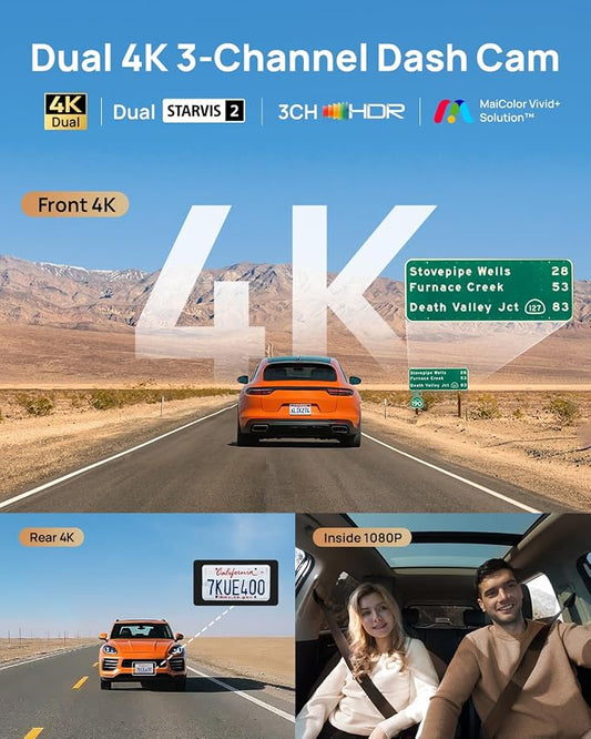 70mai 4K T800 3 Channel Dash Cam, Dash Cam Front and Rear Inside(2160P+2160P+1080P), STARVIS 2 IMX678, HDR Night Vision, Dash Camera for Cars with 512GB Card, WiFi 6, 4G LTE, ADAS, 24H Parking Mode