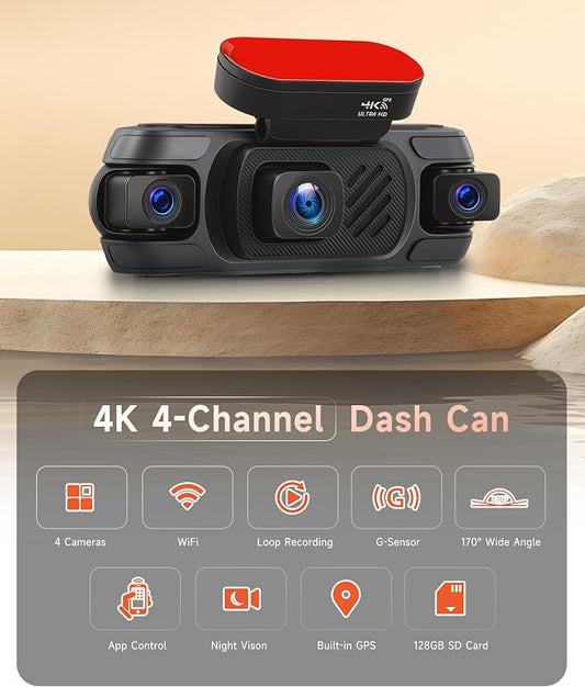4K 360Β° Dash Cam 4-Channel Front/Rear/Inside/Side Car Dash Camera with WiFi, APP Control, Built-in GPS,128GB SD Card Included, 8 IR Night Vision, G-Sensor, 24/7 Parking Mode