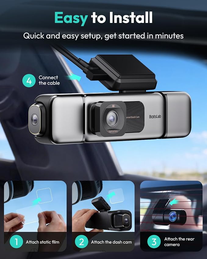 BOTSLAB 3K 4 Channel Dash Cam, 360° All-Around View, Front/Rear/Inside Car Cameras with 3.18" Touch Screen, Dash Camera 24/7 Parking Mode, Built-in GPS, 5.8GHz WiFi, Voice Control, 128GB Card Included