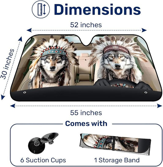 GENANY Wolf Windshield Cover for Car SUV Truck (55x30 Inches), Foldable Heat Shield, Shades for Front Windows, Protector Blocks UV, Car Decor