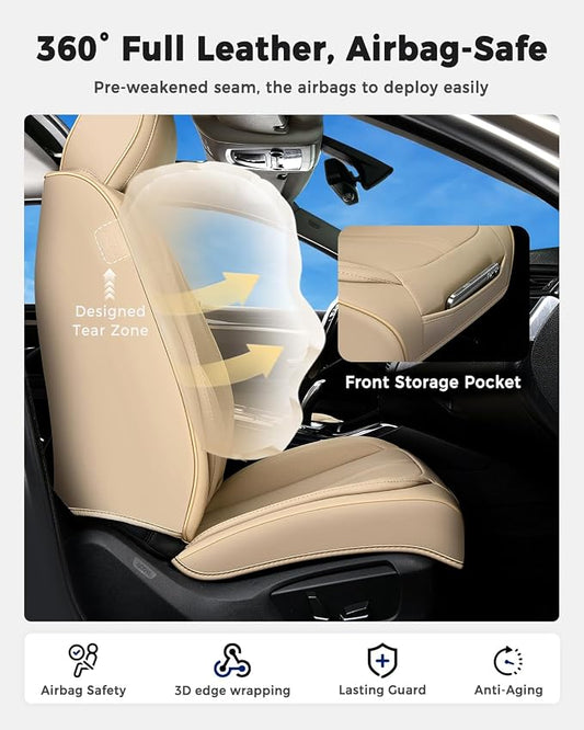 Huidasource Beige Front Seat Cover Luxury Nappa Leather, Front Car Seat Cover with Airbag, Front Storage Pocket, Lumbar Support, Cooling&Heating, Universal Fit for Most Cars SUV Trucks, Beige