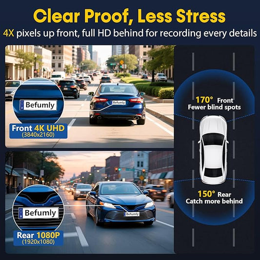 4K+1080P Dash Cam Front and Rear: 15-Min Install 5.8GHz WiFi 20MB/s Fast Download Dual Dash Cameras for Car with GPS - G-Sensor WDR/HDR Super Night Vision 24H Parking Mode by Befumly