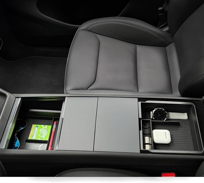 JVMA Expanded Center Console Organizer Tray & Armrest Organizer Upgrade | for Tesla Model Y YL Juniper 2026 2025 & Tesla Model 3 Highland 2026-2024 Accessories Smooth Slide Fitted Silicone US Patent