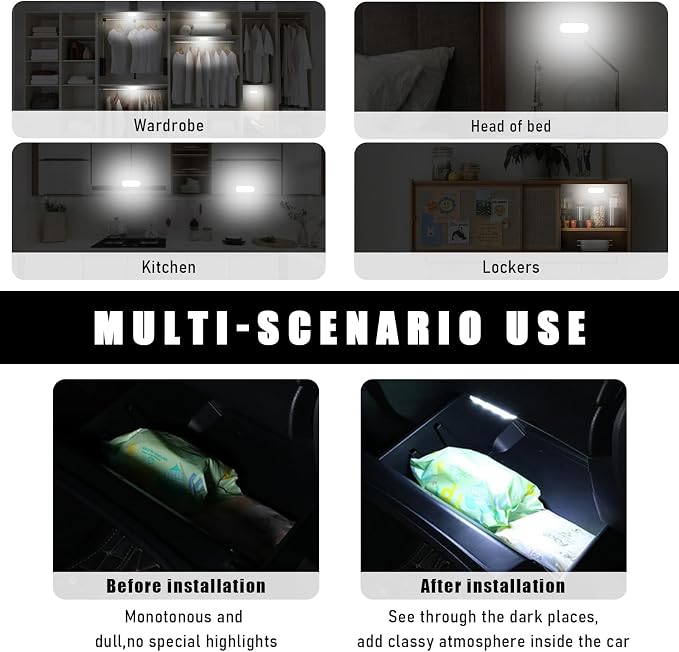 KVAEY 4 PCS Car LED Lights Interior Wireless, 7 Colors Magnetic Auto Ambient Light with 6 Bright LED Lamp Beads, Portable USB Rechargeable Vehicle Interior Led Night Light (Pink, Sticky, 4pcs)