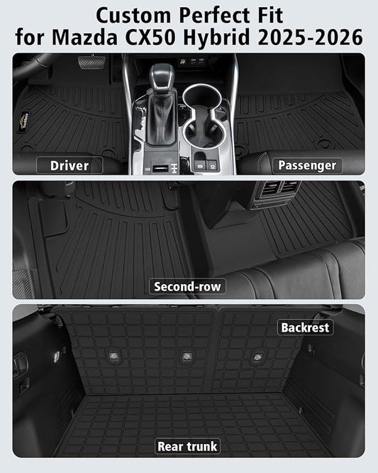 Floor Mats for Mazda CX-50 Hybrid 2025-2026 & Cargo Liners & Backrest Mat All Weather TPE Rubber Trunk Mat Back Seat Protector Full Set for CX50 2025 Plug-in Hybrid Accessories, Black