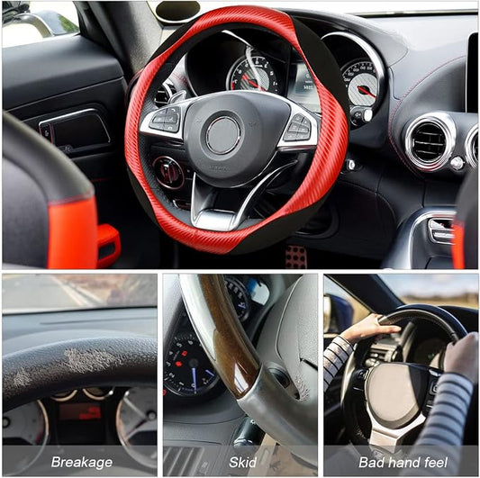 Steering Wheel Cover for Women and Men, Carbon Fiber Plush Steering Wheel Cover Soft Anti-Slip Comforting, Universal 15 Inches Steering Wheels Accessories (Carbon Fiber Red/Black)